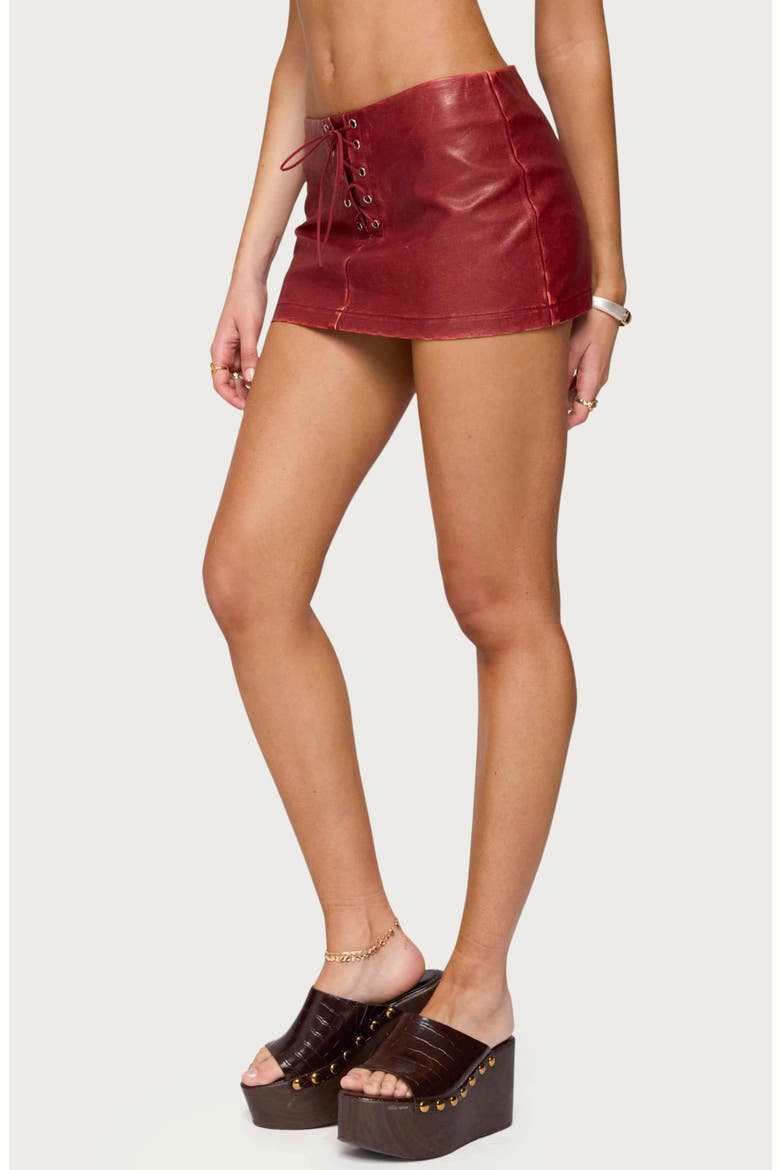 Lace-Up Low Rise Faux Leather Miniskort, Alternate, color, BORDU