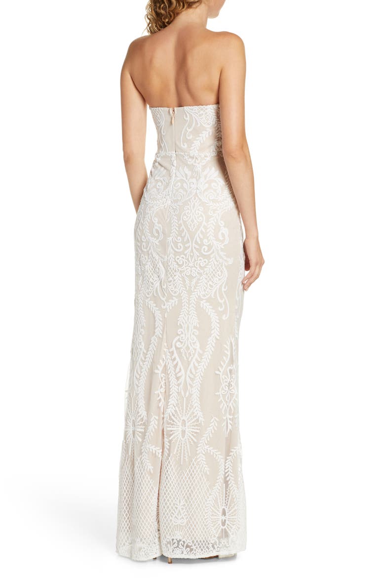 You Belong With Me Strapless Embroidered Mesh Evening Gown, Alternate, color, WHITE/ NUDE