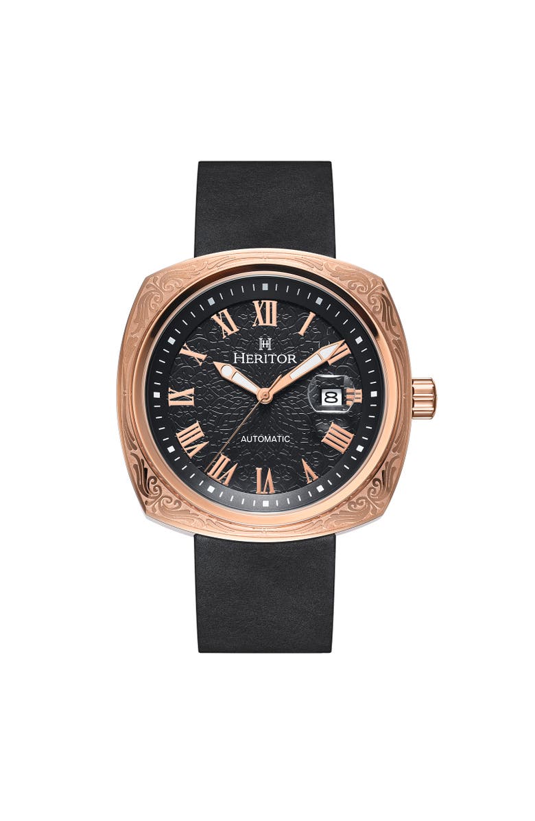 Heritor Automatic Davenport Engraved-Case Leather-Band Watch w/ Date, Main, color, Rose Gold/Black