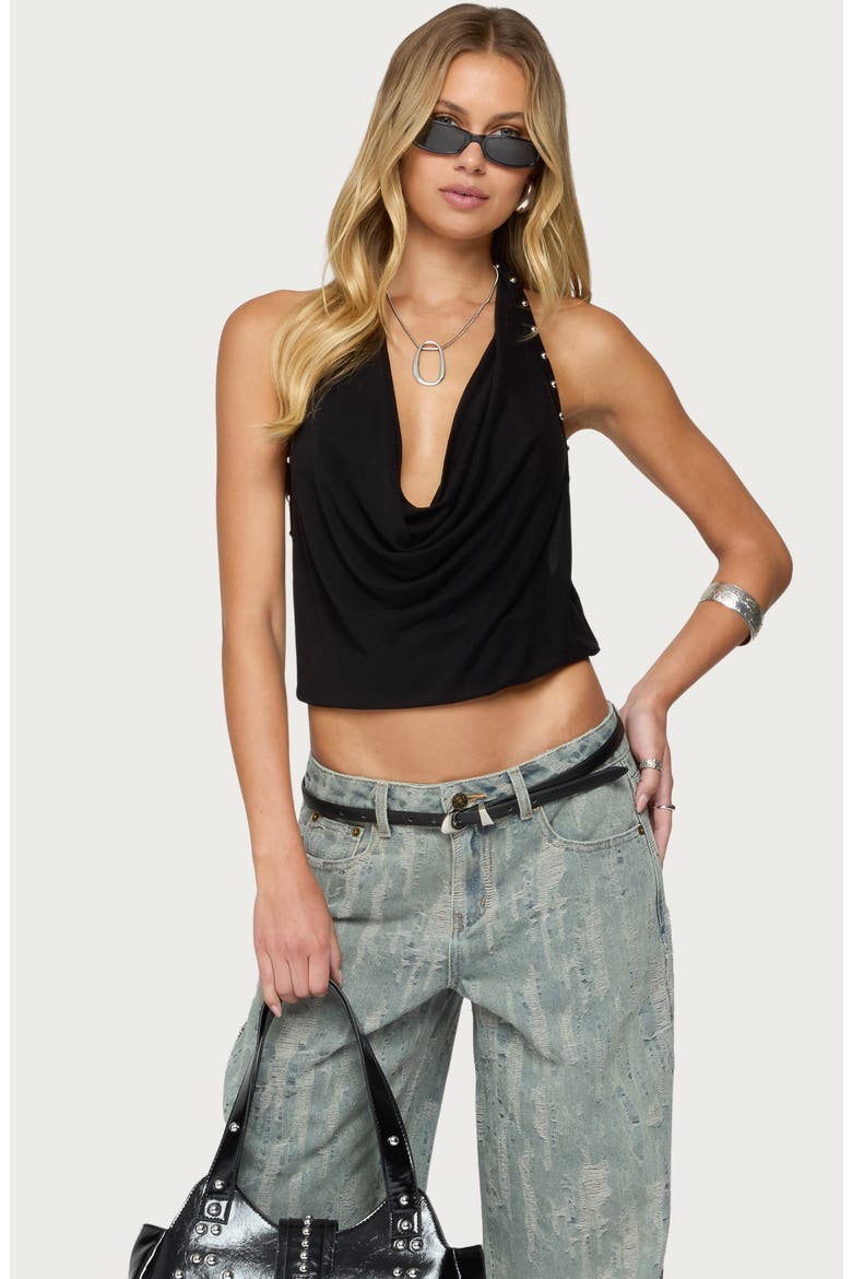 Irina Studded Cowl Neck Halter Top, Alternate, color, BLACK