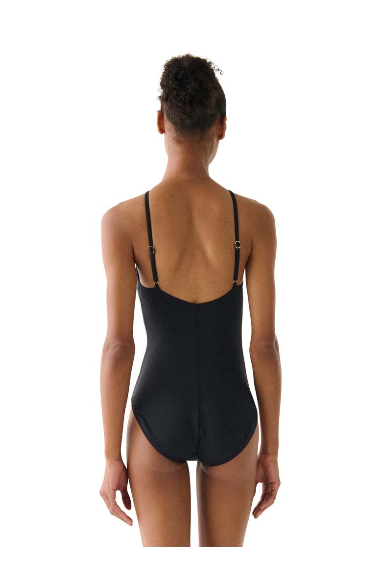 Kate Spade New York Contrast Rosette Solids High Neck One Piece Swimsuit, Alternate, color, Black