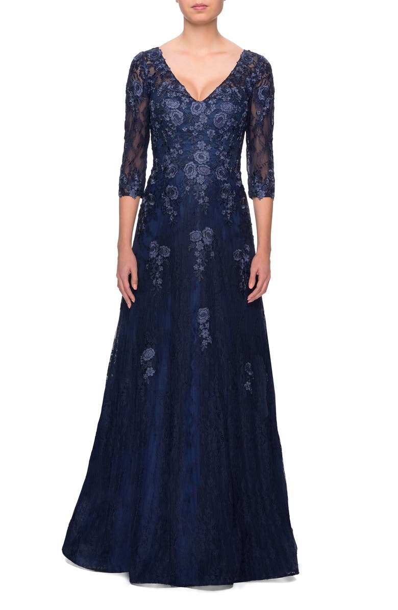 La Femme Three Quarter Sleeve A-line Dress with Lace and Beads, Main, color, Navy