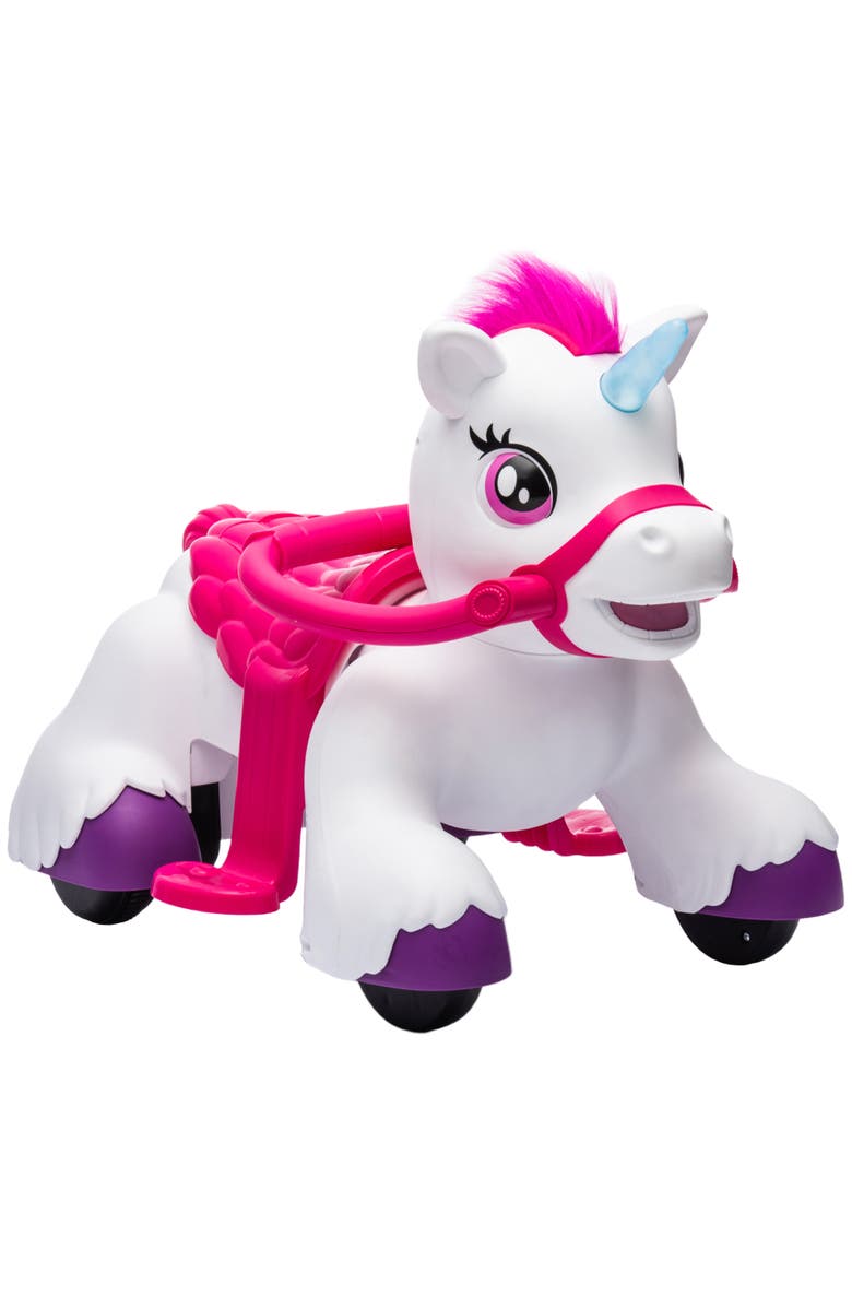 Qaba 12V Ride on Horse Battery Powered Ride on Unicorn Toy with Carrot Toy Comb Animal Sounds for Girls Boys Aged Years Old, Main, color, White