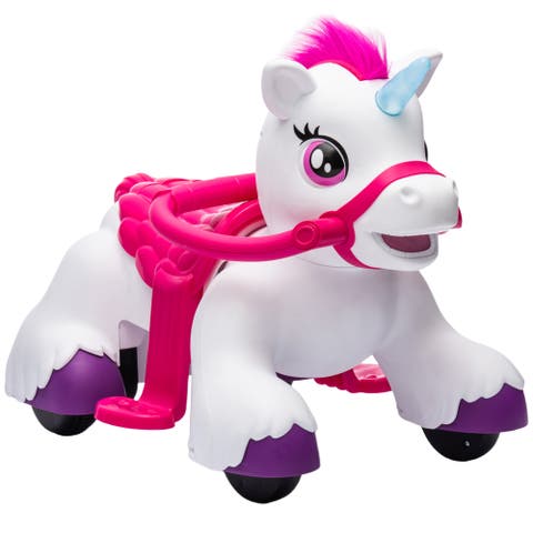 12V Ride on Horse Battery Powered Ride on Unicorn Toy with Carrot Toy Comb Animal Sounds for Girls Boys Aged Years Old