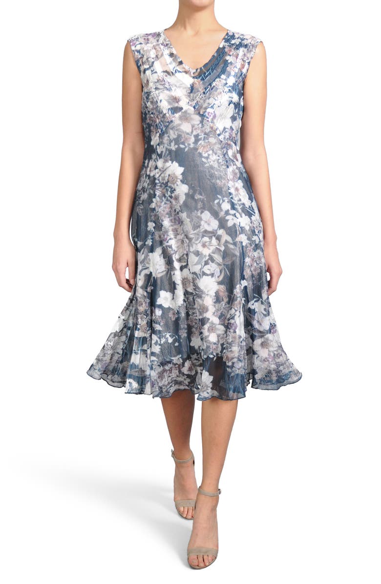 Komarov Print Pleated Chiffon & Charmeuse Dress, Main, color, 