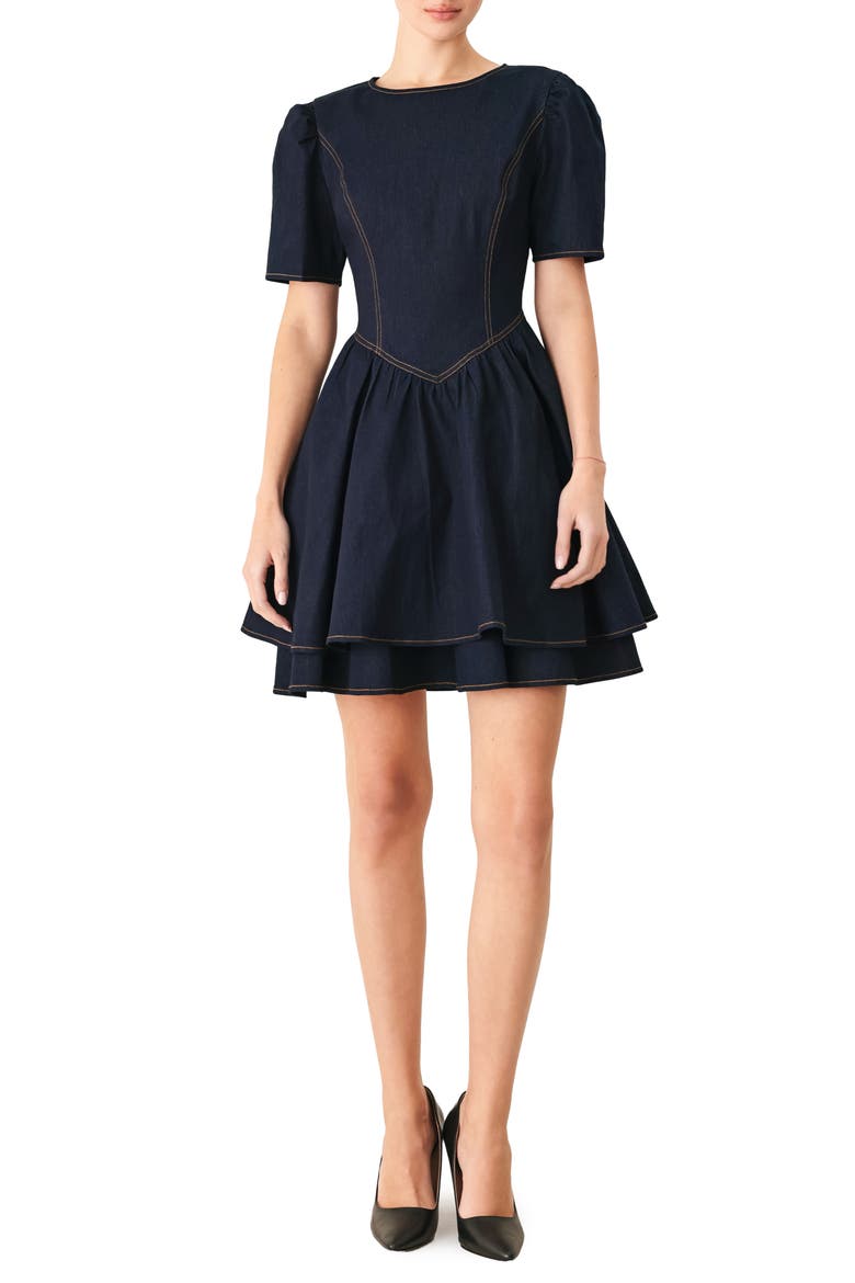 Short Sleeve Denim Fit & Flare Minidress, Main, color, DARK DENIM