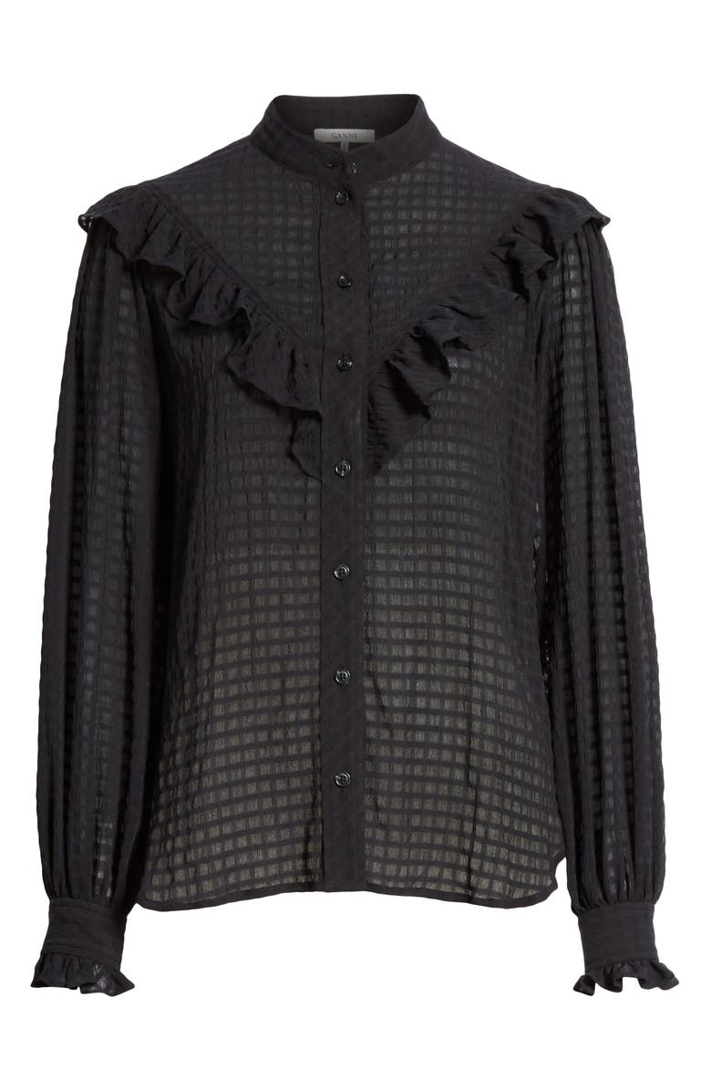 Ganni Ruffle Detail Seersucker Shirt, Alternate, color,