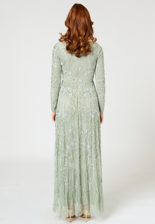 Shop Maryisa Occasion Modest Embellished Sequin Beaded Floral High Neck Evening Gown In Sage Green