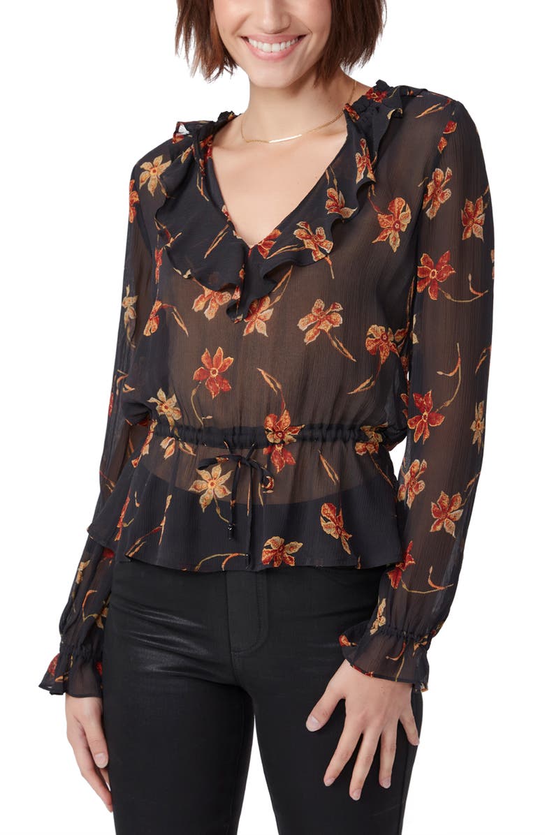 PAIGE Nathalie Floral Silk Popover Blouse, Main, color, Black Multi