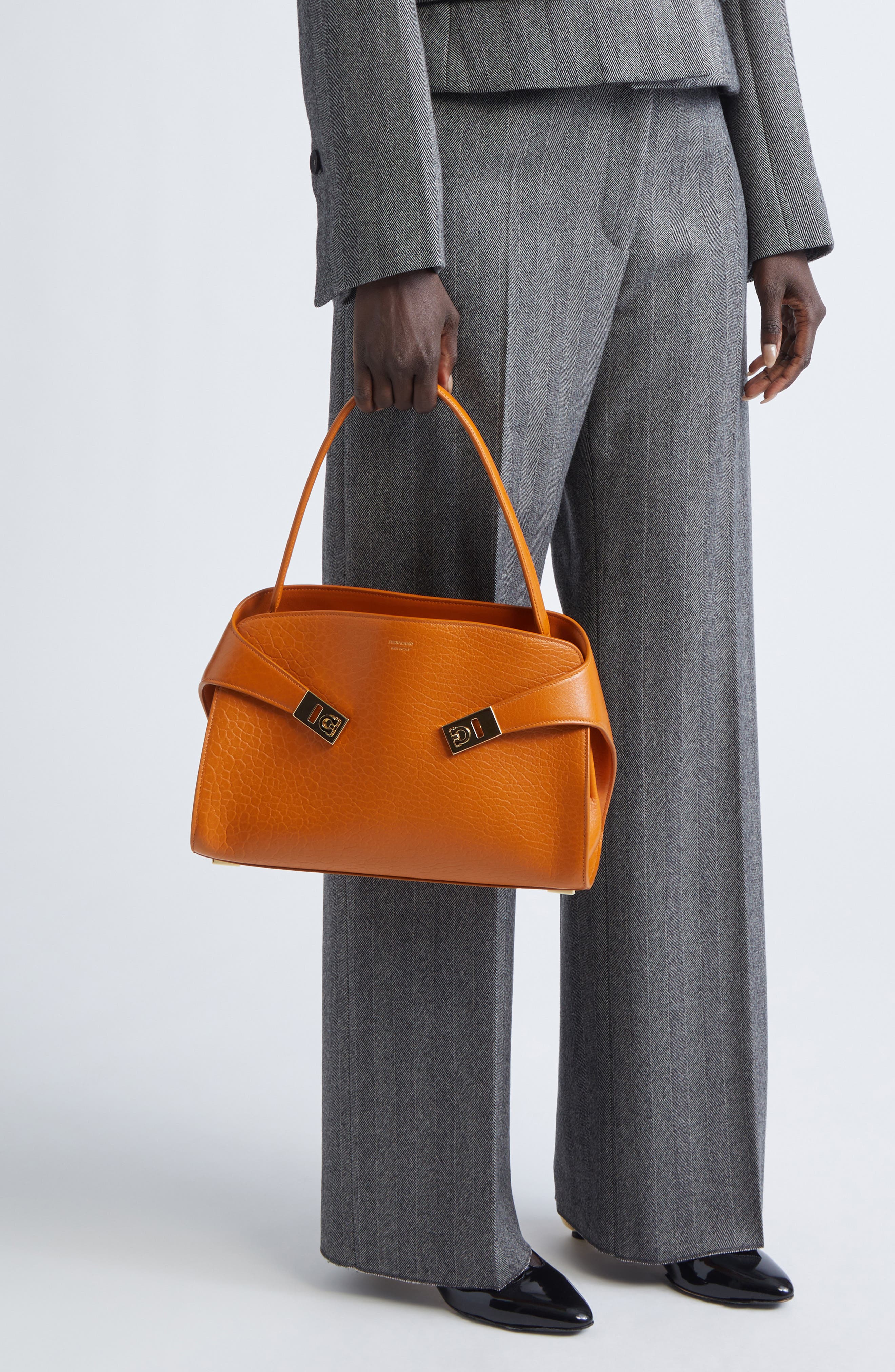 FERRAGAMO Small Hug Grained Leather Top Handle Bag, Alternate, color, Honeycomb