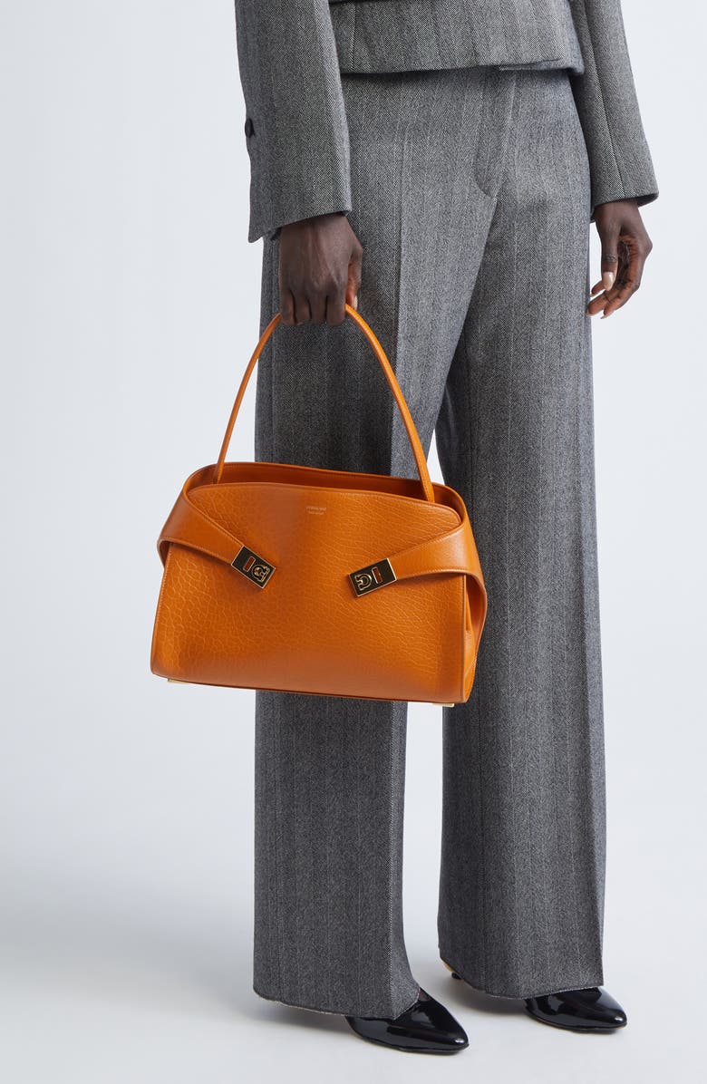 FERRAGAMO Small Hug Grained Leather Top Handle Bag, Alternate, color, Honeycomb