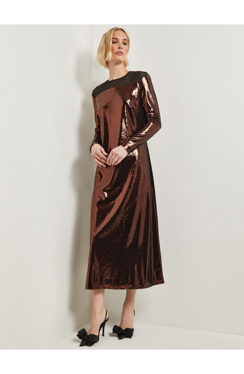 Misook Modern Fit Sheer Shoulder Sequin A-Line Maxi Dress, Main, color, Mahogany