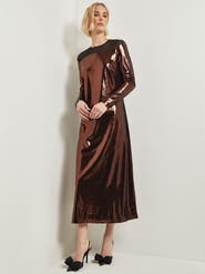 Misook Modern Fit Sheer Shoulder Sequin A-Line Maxi Dress