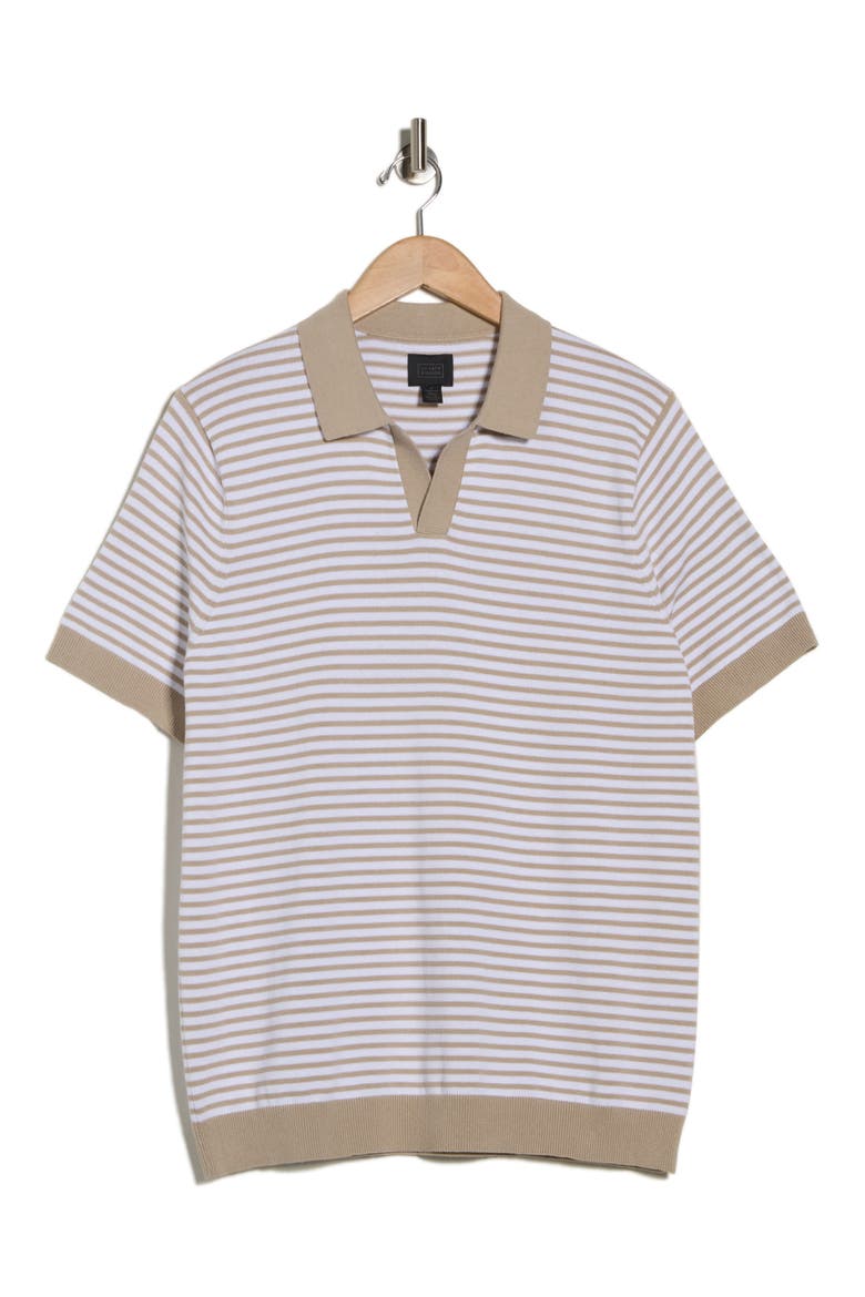 Short Sleeve Johnny Collar Knit Top, Alternate, color, TAN- WHITE EVAN STRIPE