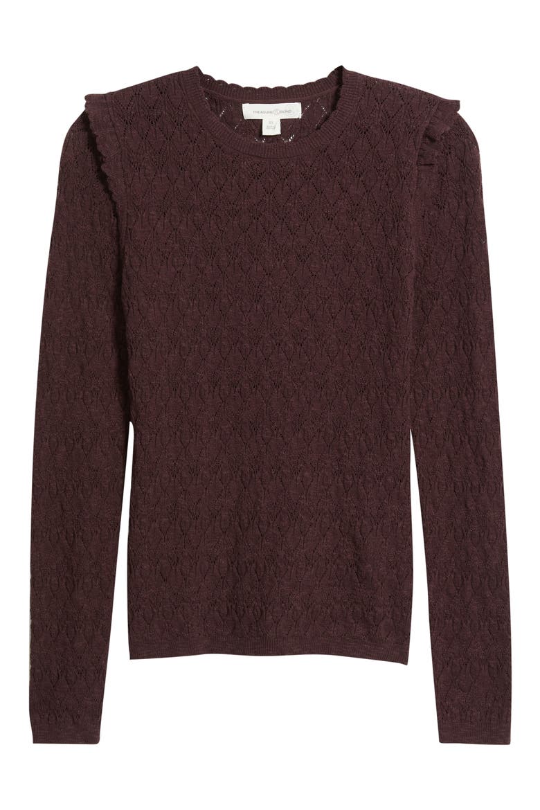 Ruffle Trim Pointelle Stitch Cotton Blend Sweater, Alternate, color, BURGUNDY FUDGE