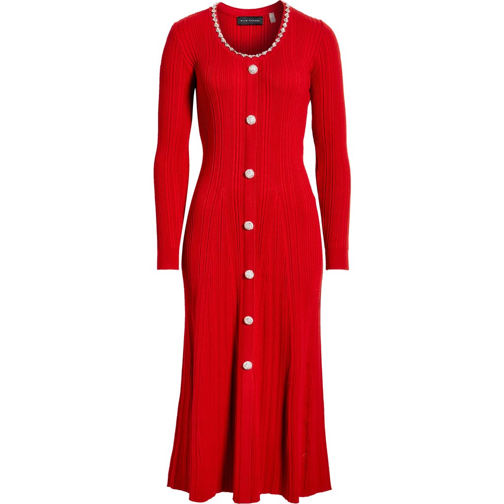 Elie Tahari The Emmie Rhinestone Detail Long Sleeve Knit Dress In Red