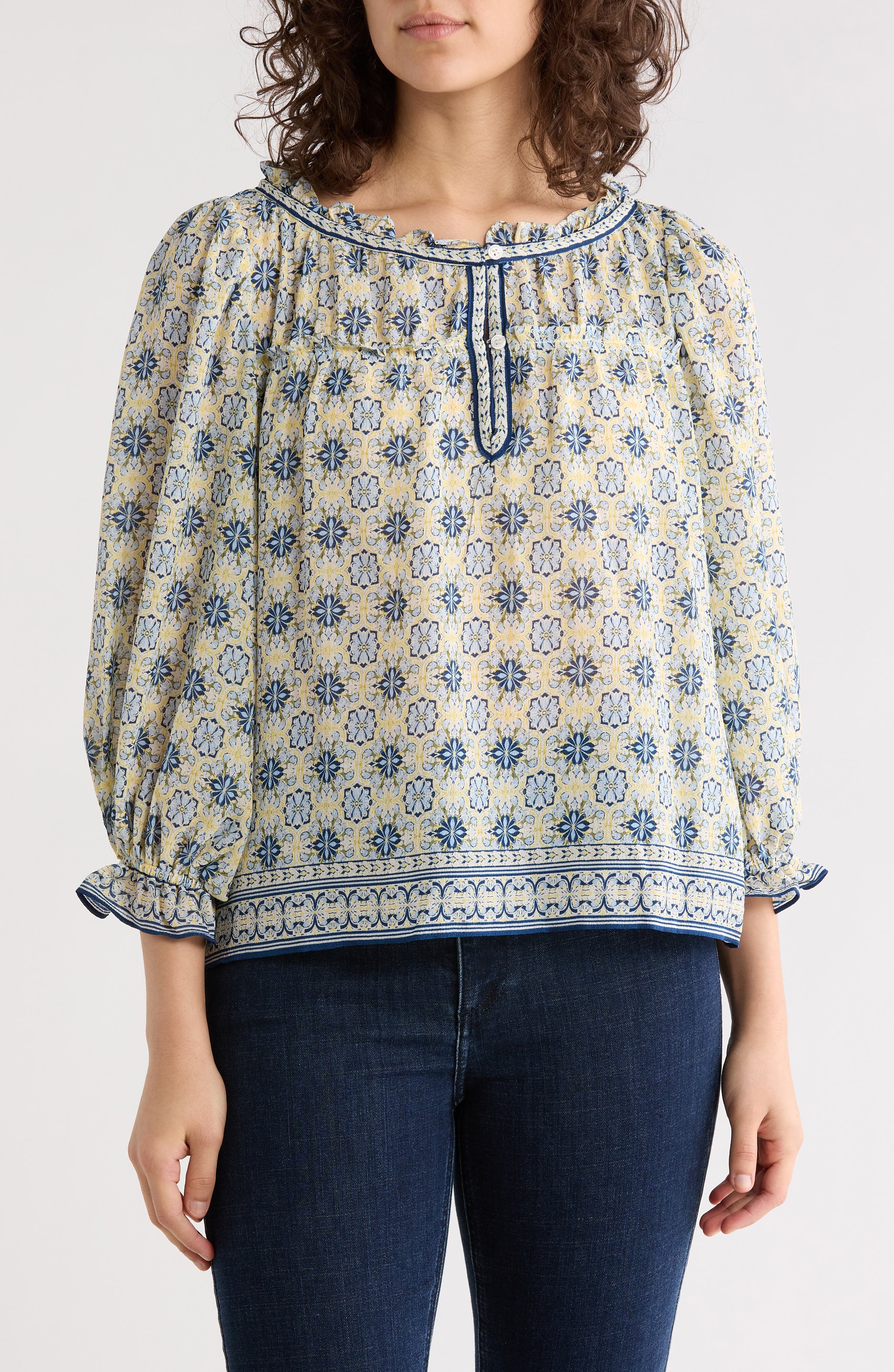 Floral Three-Quarter Bubble Sleeve Top - image 3