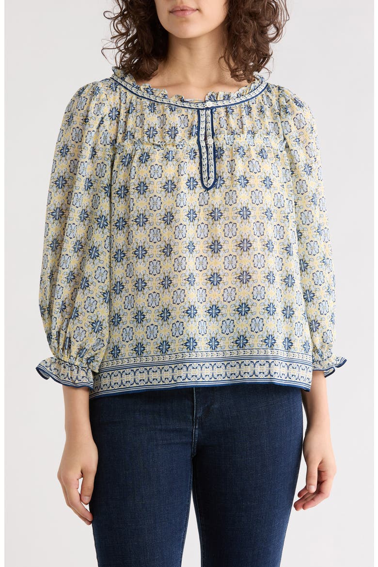 Floral Three-Quarter Bubble Sleeve Top, Main, color, CREAM/ TEAL FLORAL MIRAGE