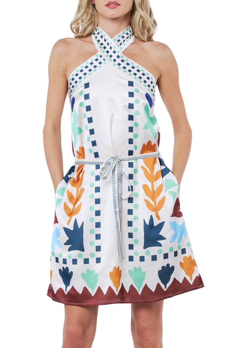 CIEBON Lio Sleeveless Tie Waist Dress, Alternate, color, White Multi