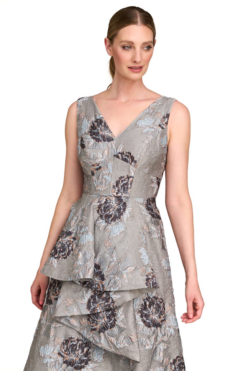 Kay Unger Elsie Metallic Floral Jacquard Ruffle Dress, Alternate, color, Grey