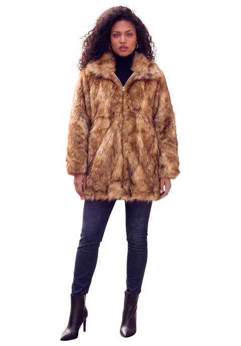 Plus Size Mid Length Hooded Faux Fur Coat