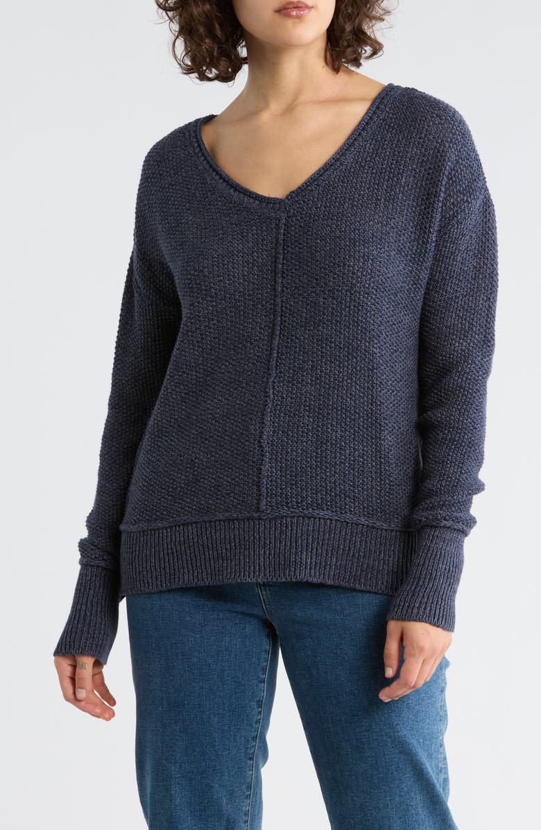 Lucky Brand Textured V-Neck Sweater, Main, color, American Navy