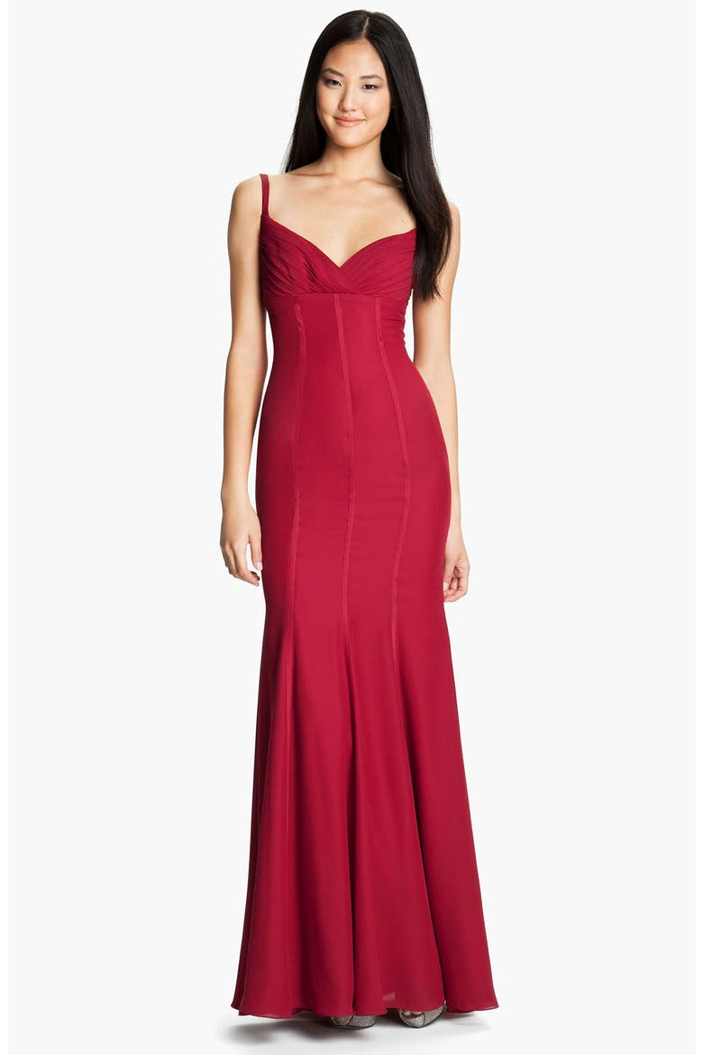 ML Monique Lhuillier Bridesmaids Satin Trim Surplice Gown (Nordstrom Exclusive), Main, color, SCARLET