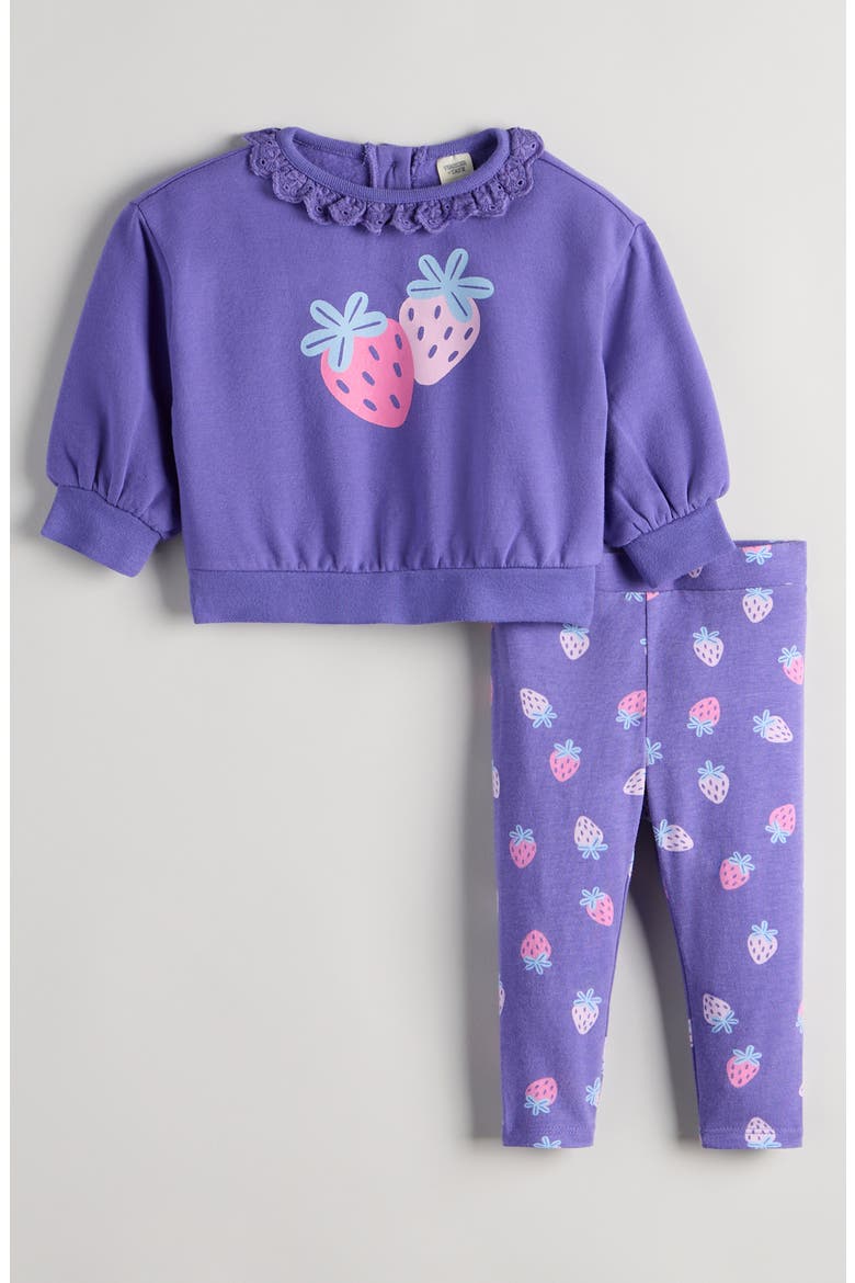 Lace Trim Sweatshirt & Strawberry Print Leggings Set, Main, color, PURPLE BERRIES- PURPLE STAMP