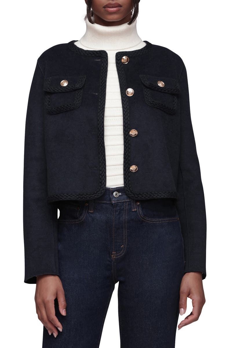 Bagatelle Cropped Collarless Jacket, Alternate, color, Navy