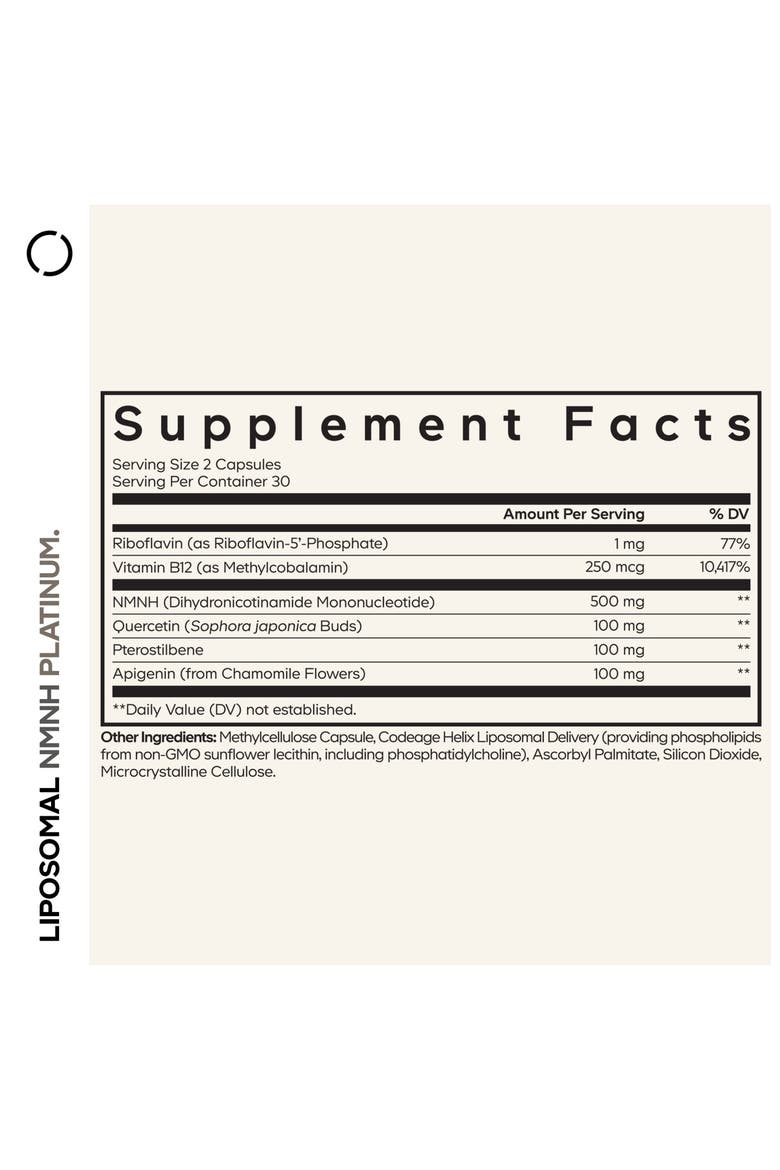 Liposomal NMNH Platinum, NMNH 500mg, Quercetin, Apigenin, Pterostilbene, Vit B2 & B12, Alternate, color, White