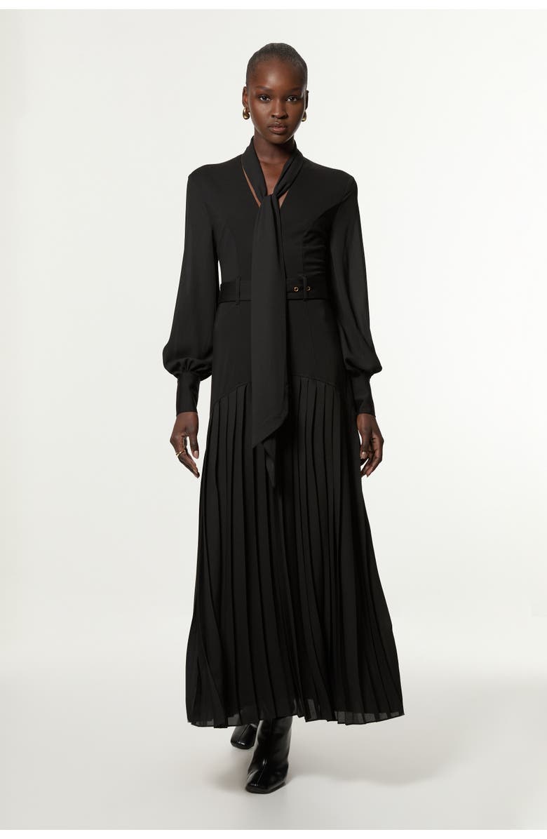 Karen Millen Jersey Ponte Georgette Mix Midi Dress, Main, color, Black