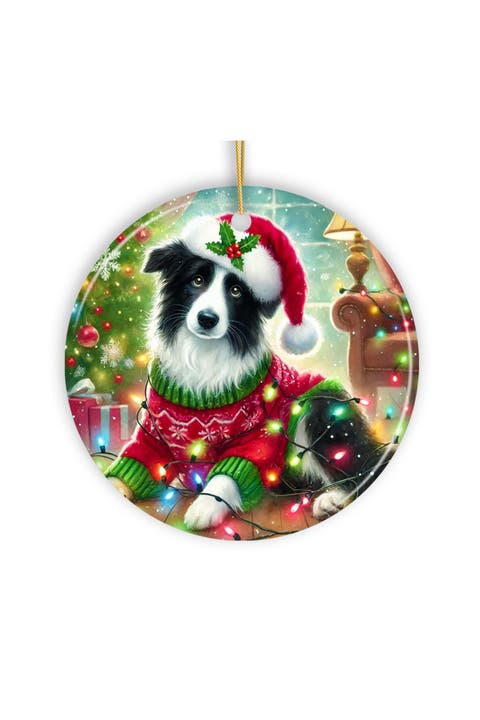 Border Collie Santa Hat Holiday Lights Round Ornament