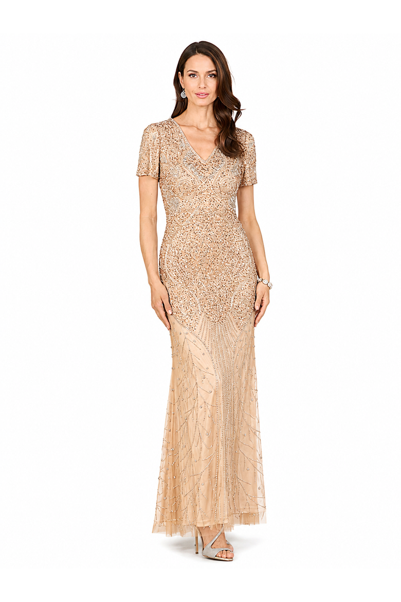 Short Sleeve Sheath Beaded Gown, Main, color, Nude