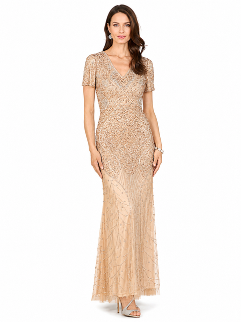 Short Sleeve Sheath Beaded Gown