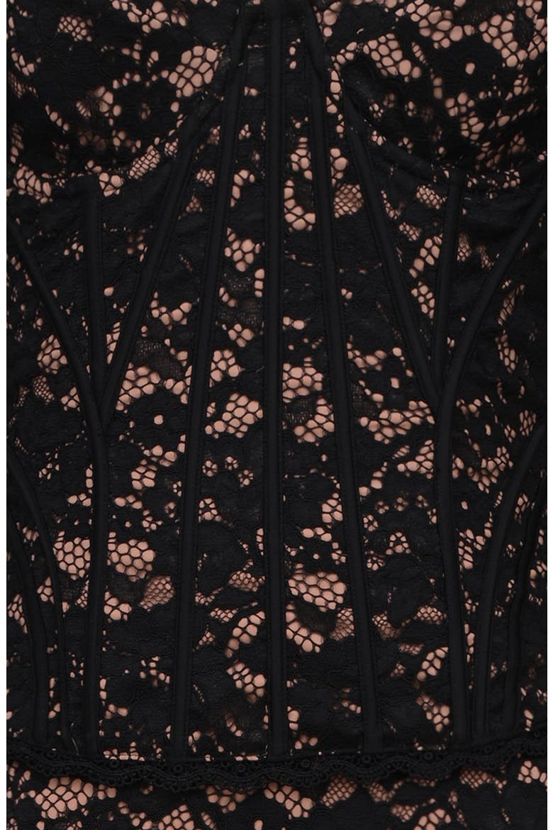Solaine Lace-Up Strapless Lace Corset Gown, Alternate, color, BLACK AND BLUSH