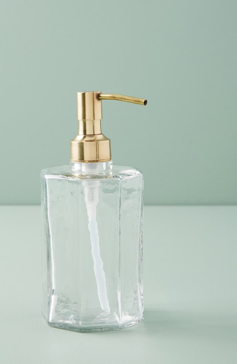 Anthropologie Home Anthropologie Small Glass & Goldtone Soap Dispenser, Main, color,