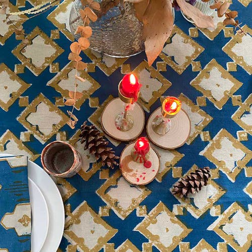 Ichcha Boho Organic Cotton Tablecloth In Blue