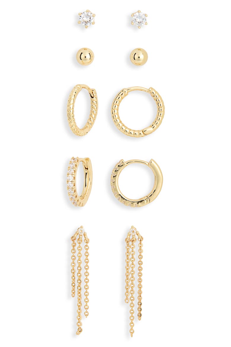 5-Pack Chain Hugs & Studs Earrings Set, Alternate, color, CLEAR- GOLD