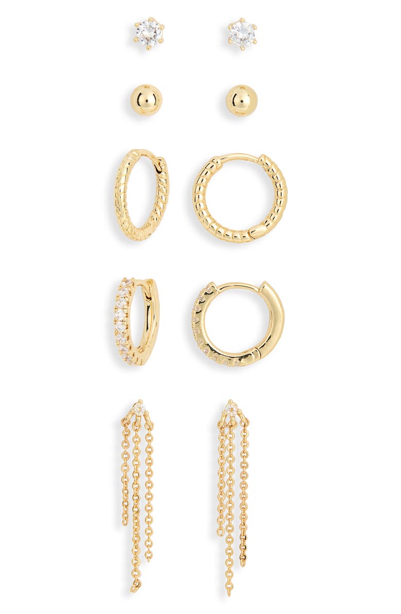Leith 5-Pack Chain Hugs & Studs Earrings Set, Alternate, color, Clear- Gold