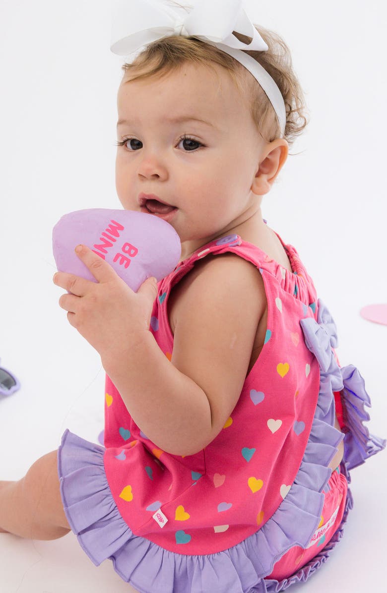 RuffleButts Kids
 Heart Print Cotton Ruffle Swing Top and Bloomer Set, Alternate, color, Pink