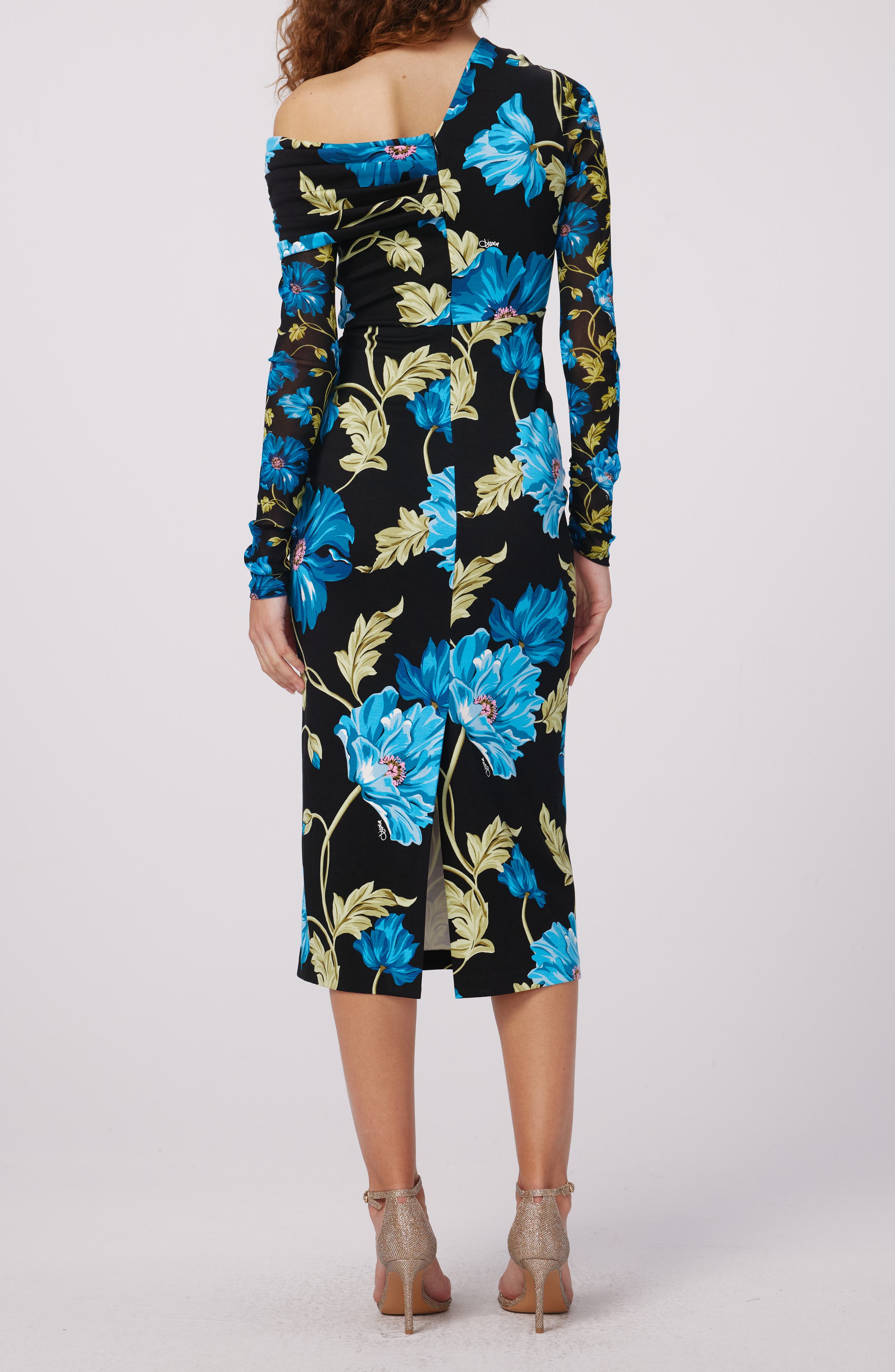Rich Floral Asymmetric Neck Long Sleeve Midi Dress - image 2