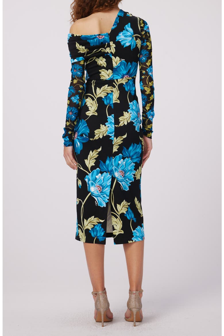 Rich Floral Asymmetric Neck Long Sleeve Midi Dress, Alternate, color, HENDRIX FLORAL DARK TEAL LG/SM