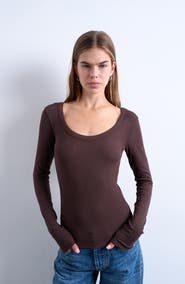 Topshop Scoop Neck Long Sleeve Rib Top