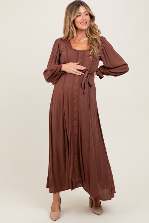 Pinkblush Lace Detail Button Down Maxi Dress In Brown
