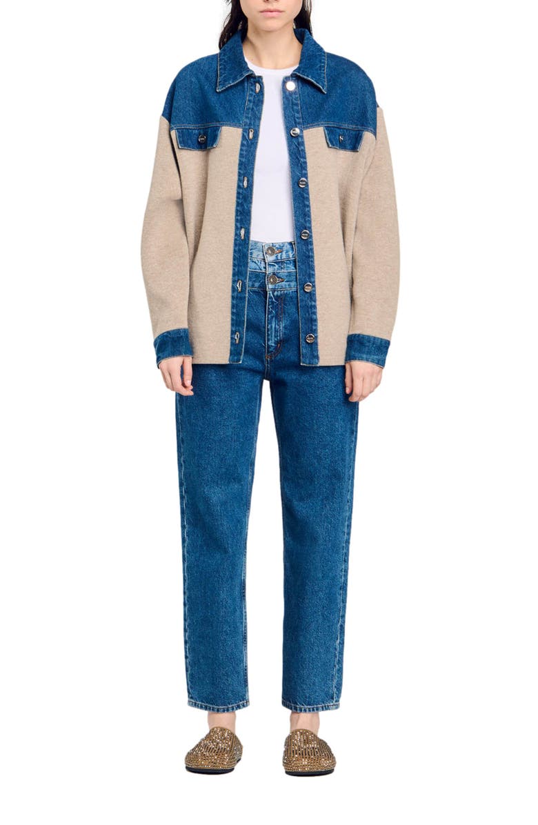 SANDRO Denim and knitwear coatigan, Alternate, color,