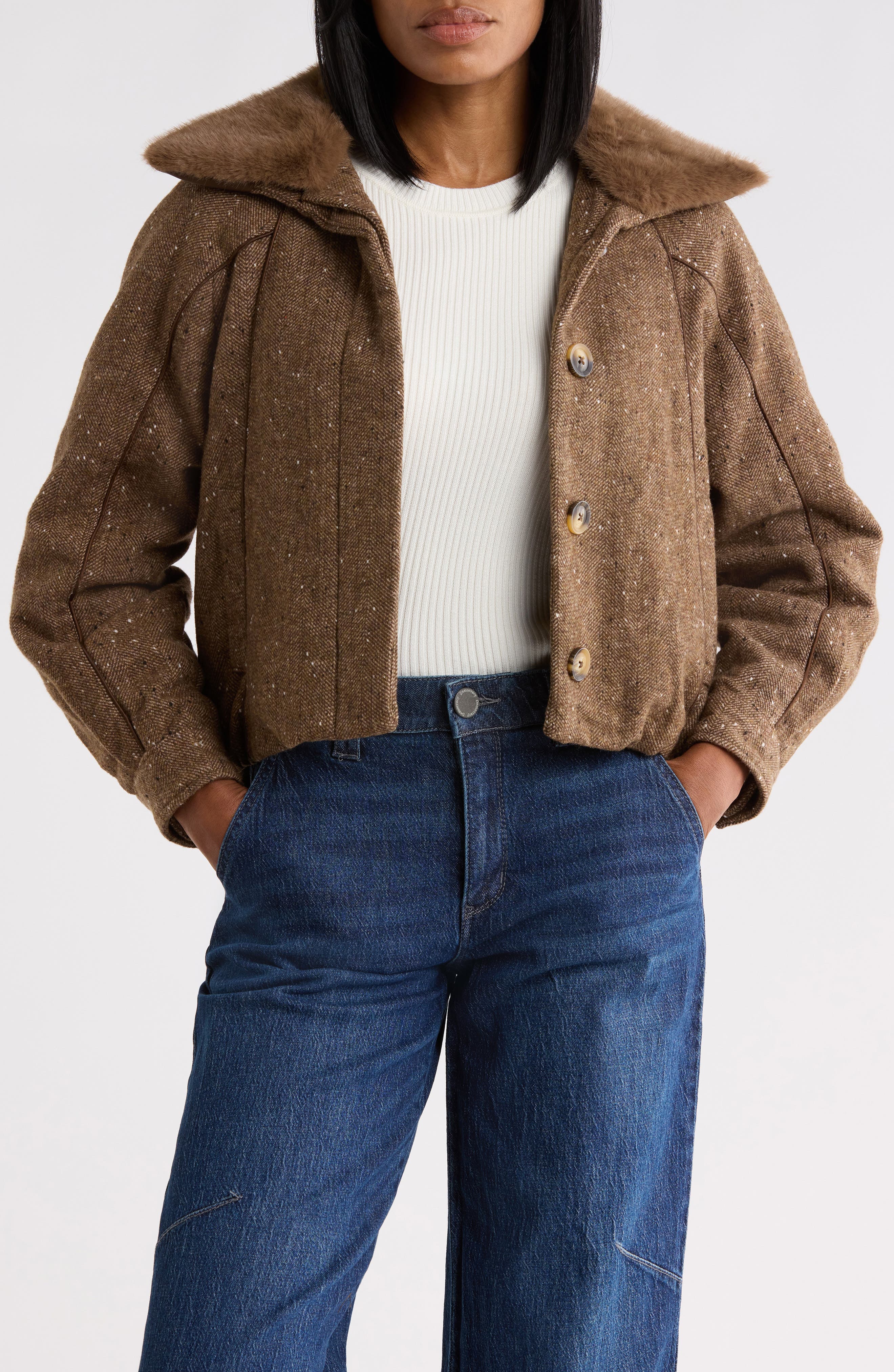 Faux Fur Collar Bomber Jacket