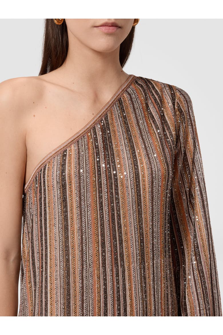 One-shoulder Long Dress In Ribbed Viscose Lamé, Alternate, color, Gold& Beige