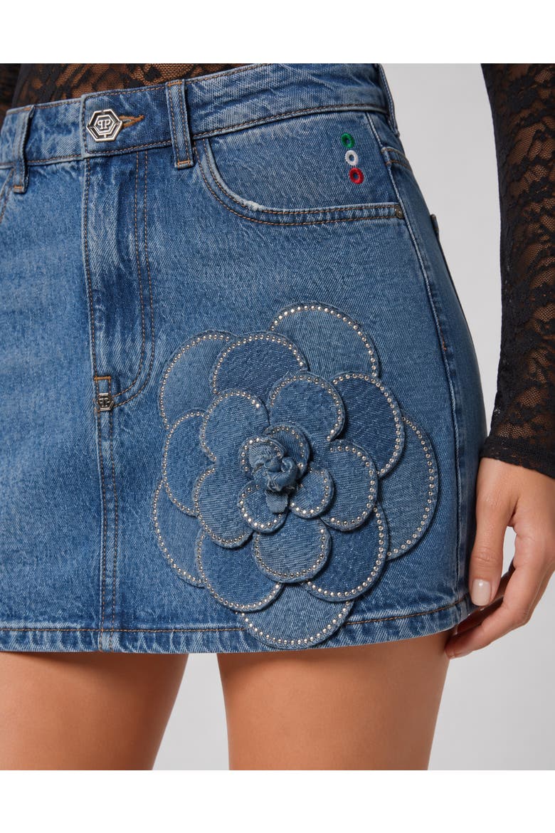 Denim Mini Skirt Rose Strass Women, Alternate, color, Lyra Light