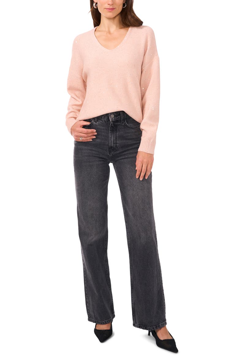 Sequin Detail V-Neck Sweater, Alternate, color, PEACHY CREAM