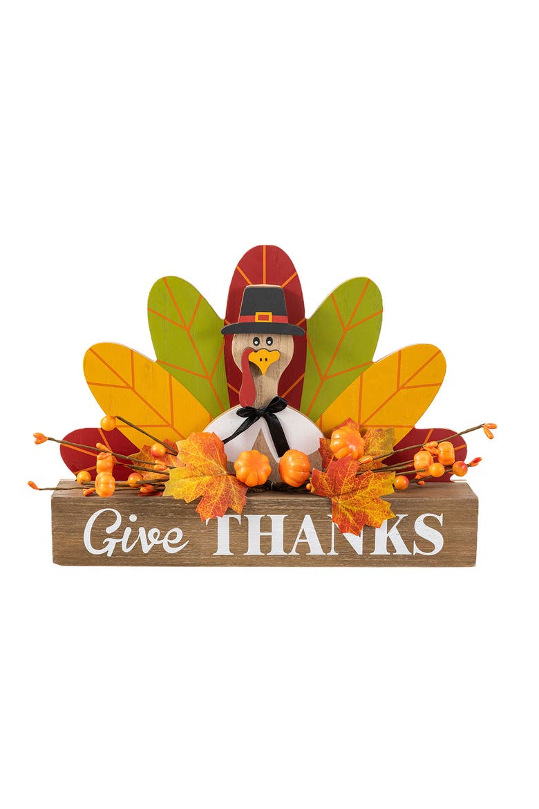 Thanksgiving Wooden Pilgrim or Turkey Table Block Sign, Alternate, color, Brown